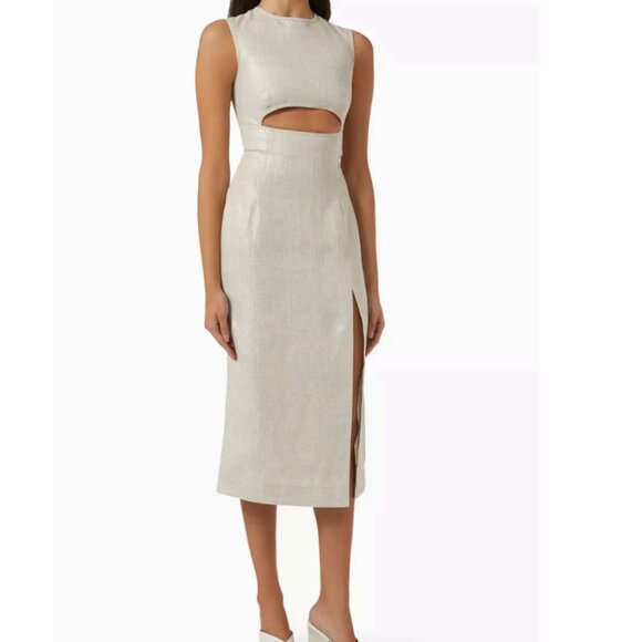 Matthew Bruch Dresses & Skirts - Matthew Bruch Linen Cut-out Crewneck Midi Dress Metallic Oatmeal Size 1/XS NWT